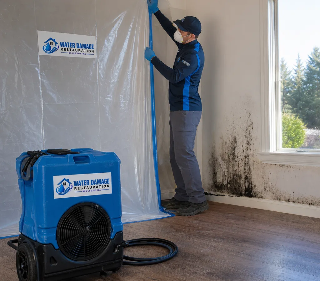 Technician setting up containment and negative air equipment during mold remediation in a Bellevue home