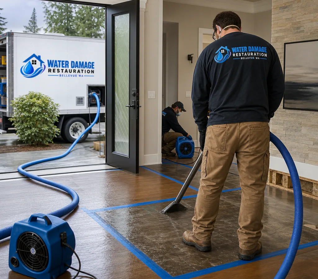 Technicians using extraction and drying equipment in a water-damaged Bellevue home