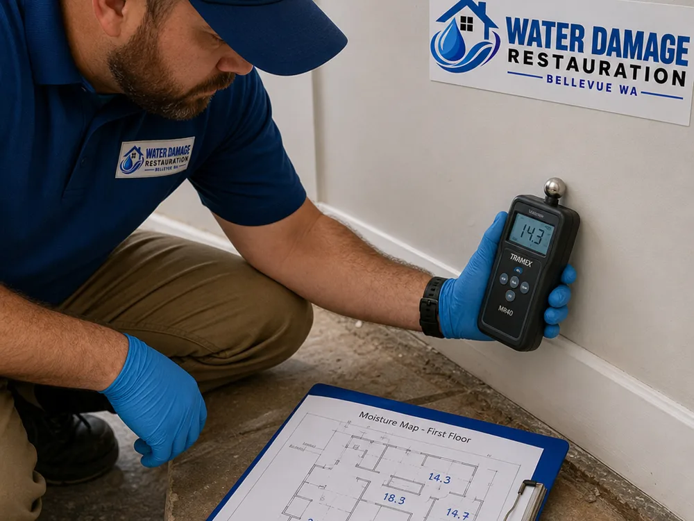 Technician documenting moisture readings on drywall and baseboards