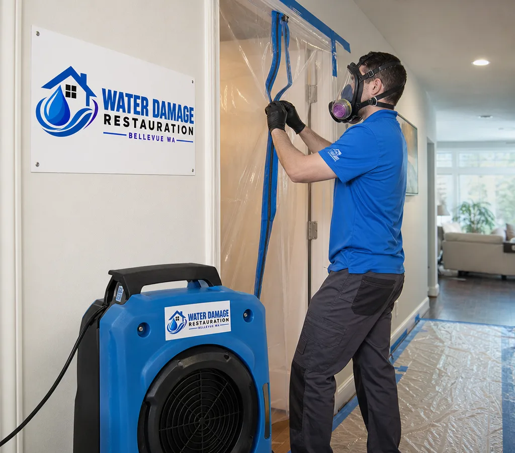 Technician in protective gear setting up plastic containment and a HEPA air scrubber in a Bellevue home