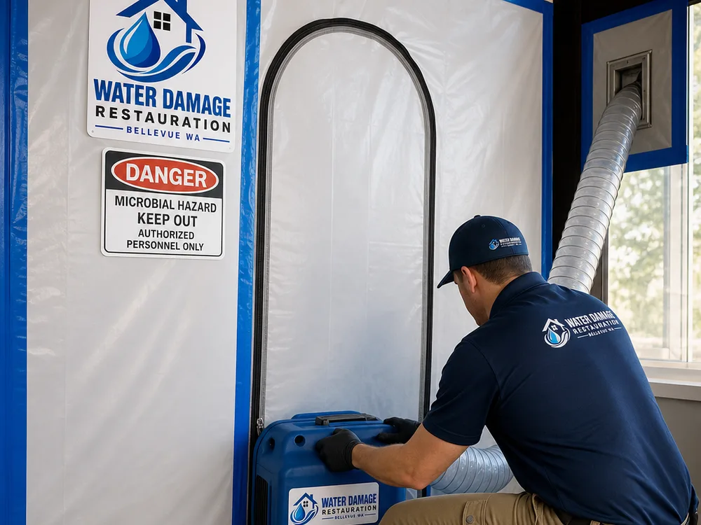Contained mold remediation work zone with a zipper door, warning signage, and an air scrubber ducted to a window