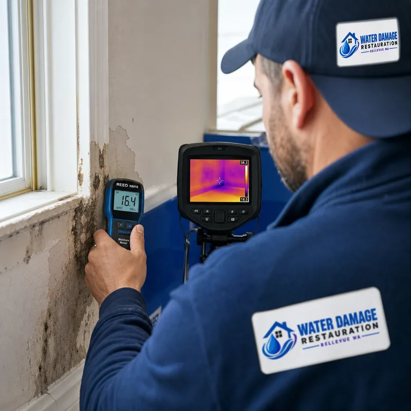 Technician checking drywall moisture near a window while a thermal camera identifies a cooler damp area