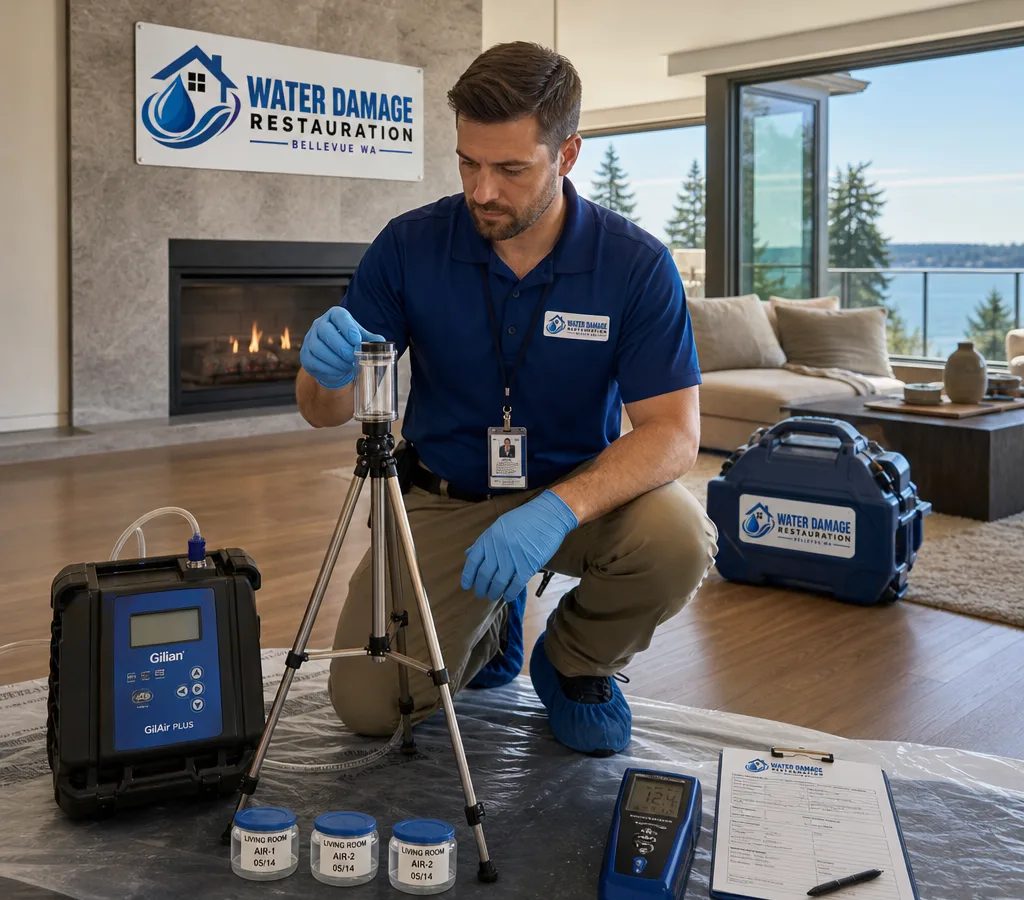 Certified inspector collecting an air sample with professional sampling and moisture testing equipment in a Bellevue living room