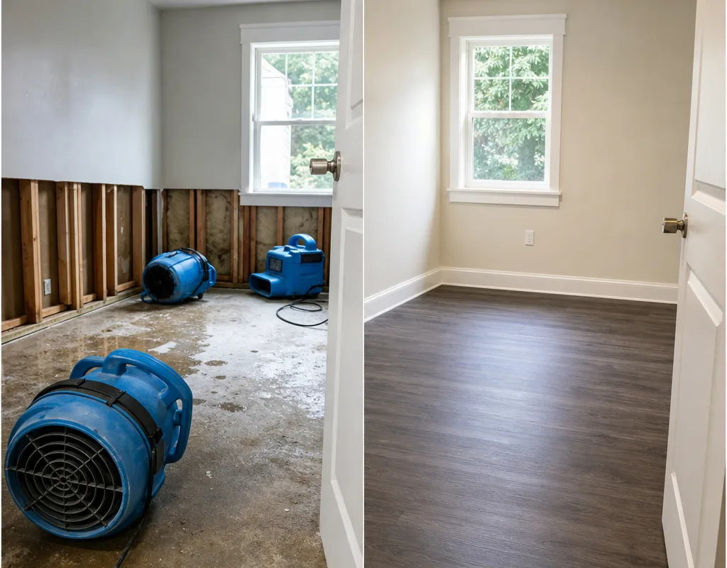 Before and after view of a drywall flood cut, drying setup, and completed wall repair