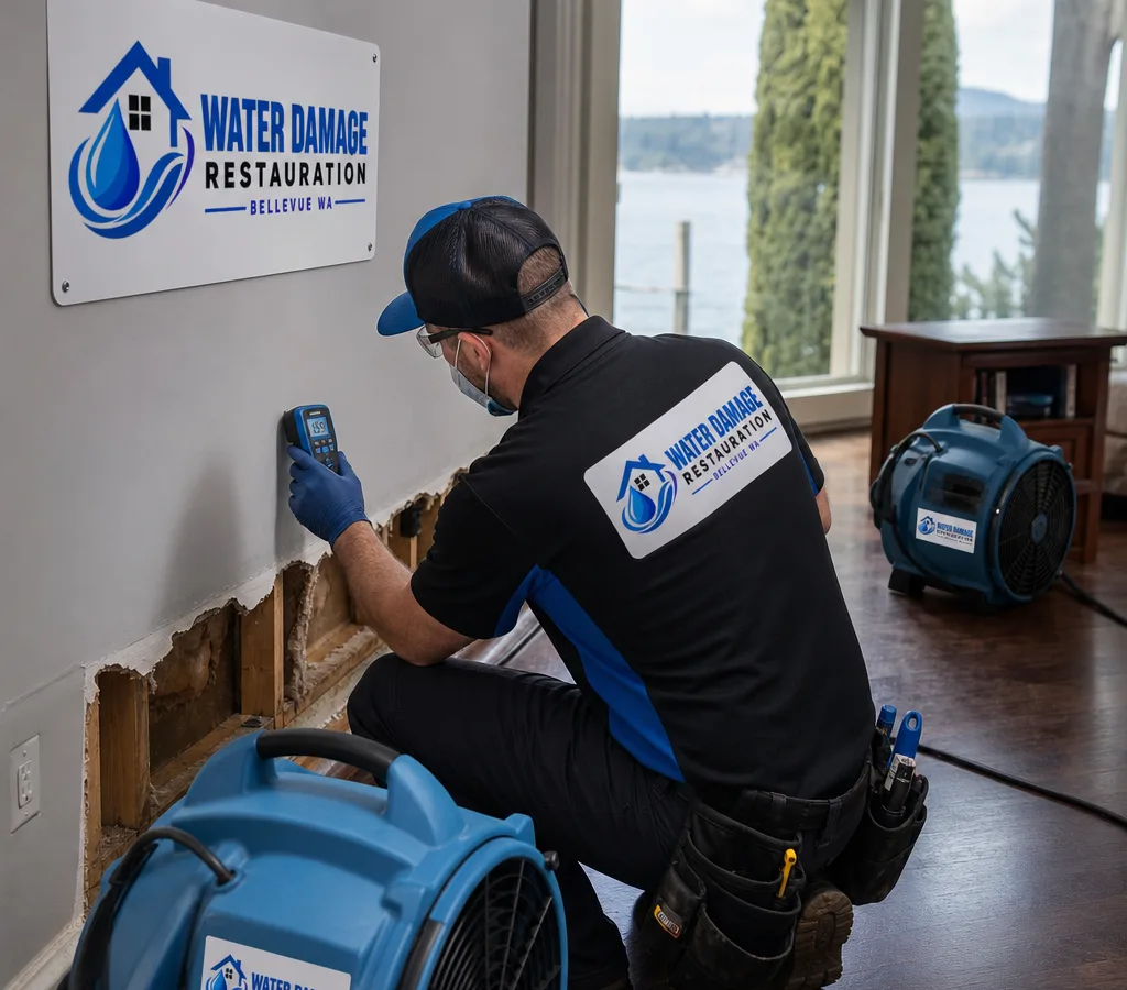 Technician using a moisture meter beside neatly staged air movers in a Bellevue home
