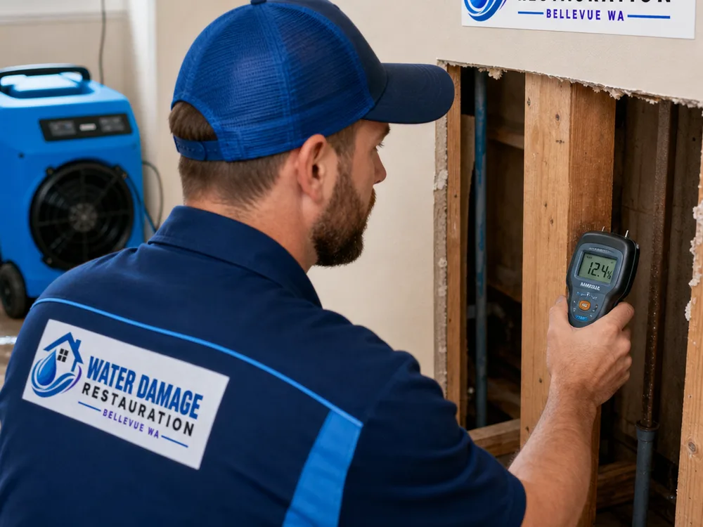 Moisture meter reading on exposed wall studs beside a clean drywall flood cut