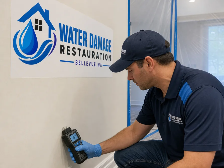Technicians monitoring safely staged dehumidifiers and air movers in an occupied living room