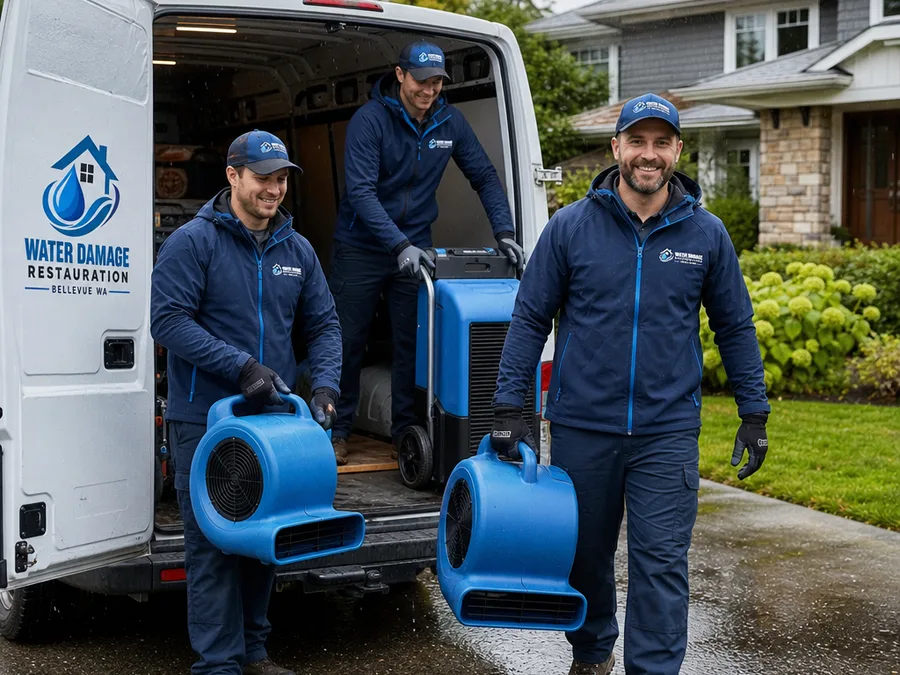 Restoration crew unloading drying equipment outside a Bellevue home on a rainy day